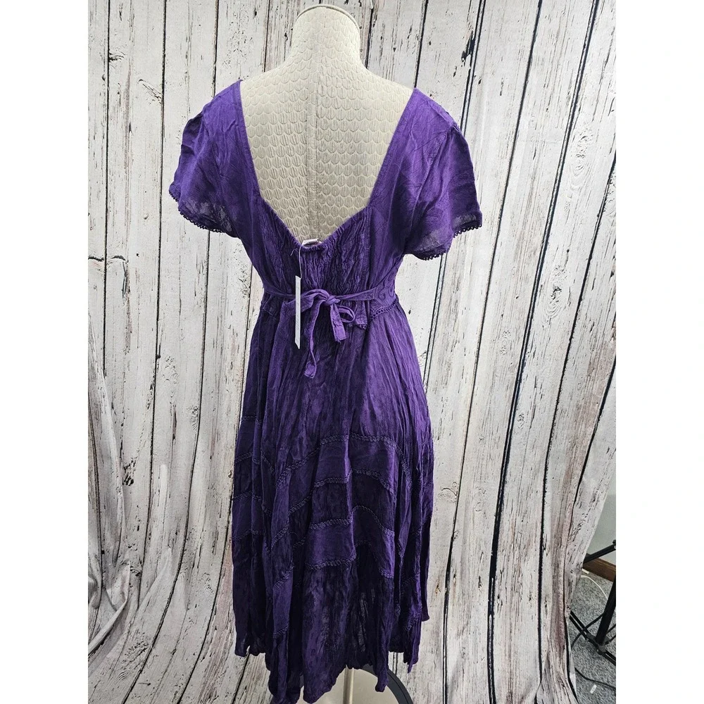 Whimsigoth witch Dress Womens Free Size Purple Embroidered Lace Up Boho Midi new
